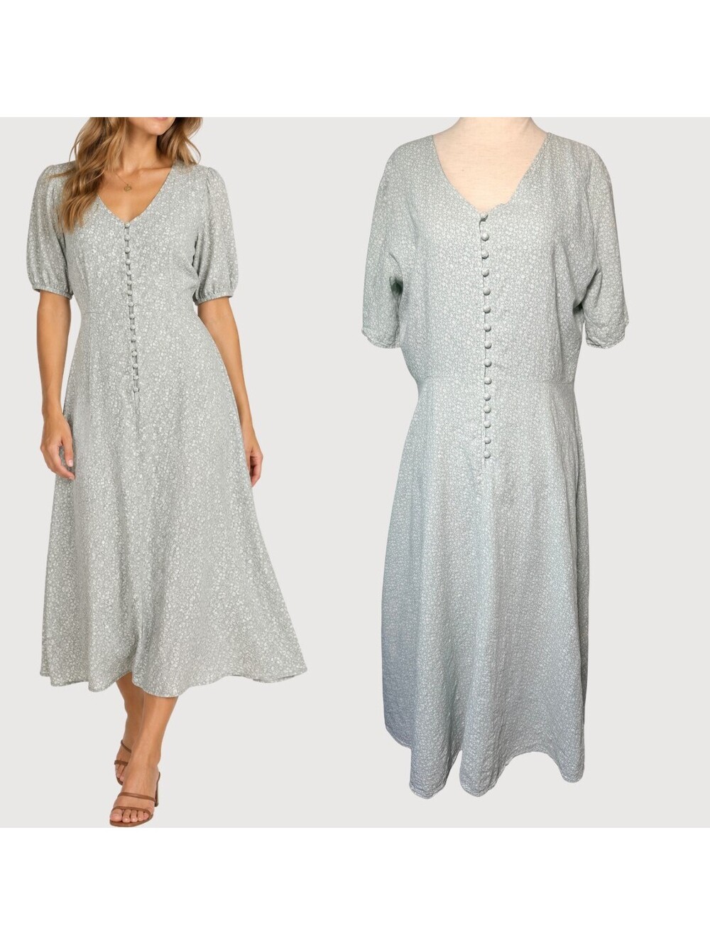 Ivy City Co Floral Cottagecore Midi Dress Sage Green L